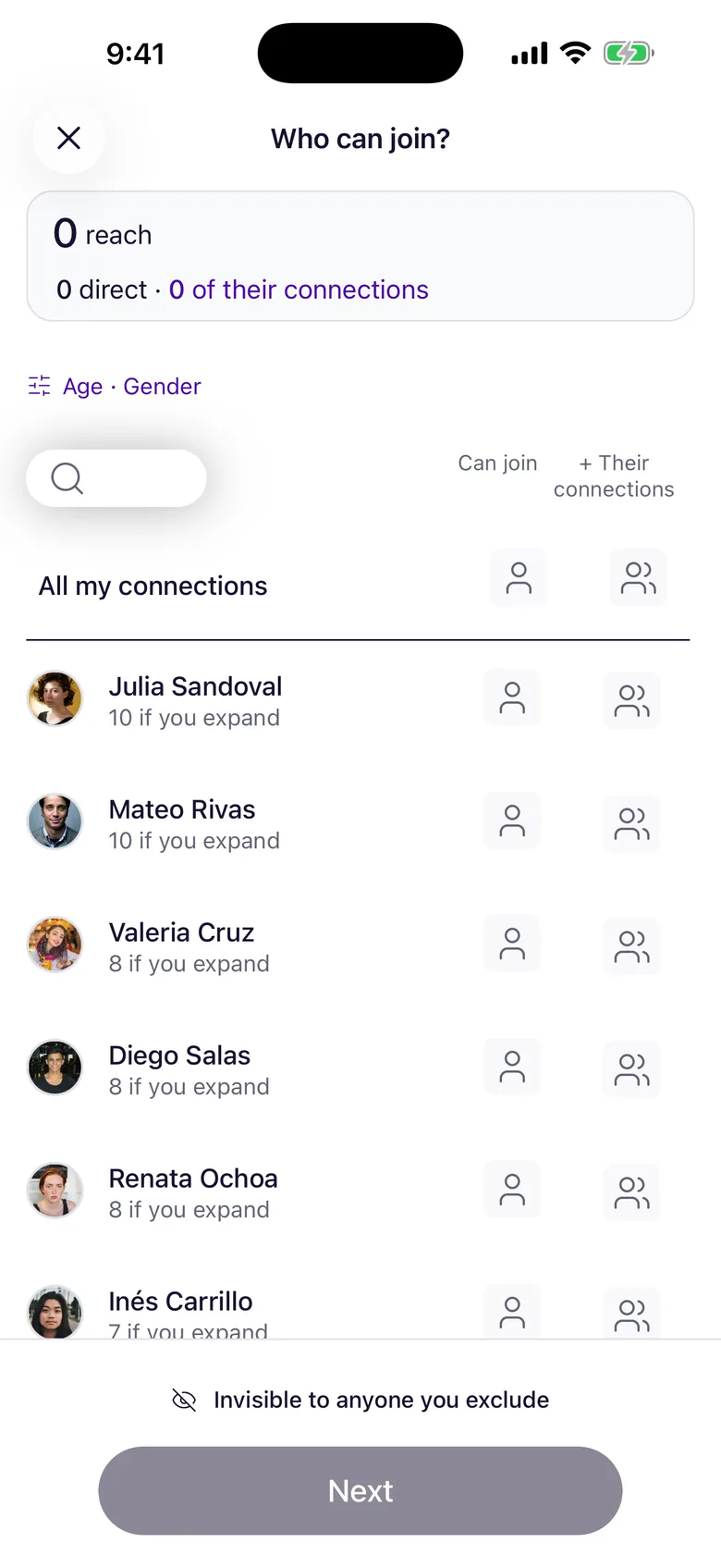 Creating a plan: choosing which connections can join, and whether their friends can too