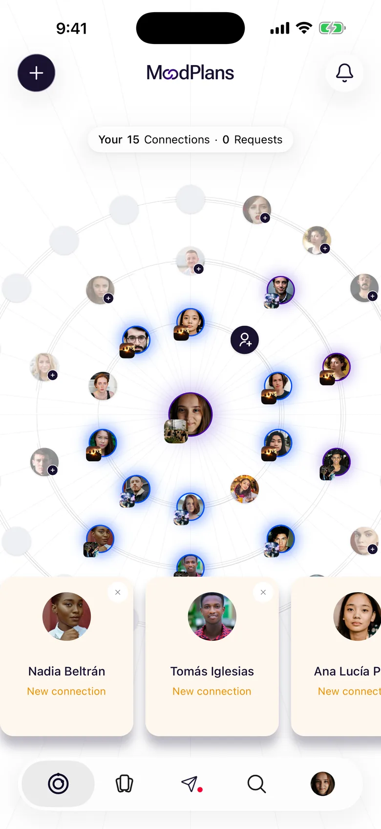 The MoodPlans graph: connections in orbit, lit up when they have a plan up or are going out