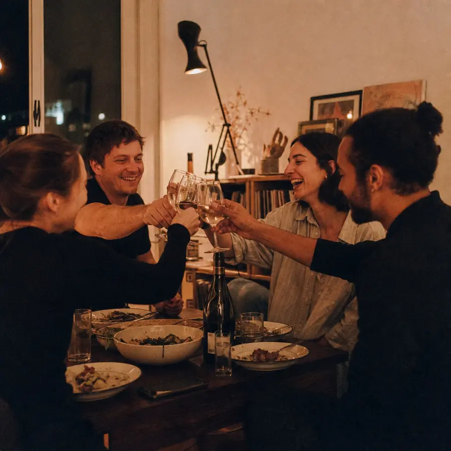 Amigos brindando en una cena pequeña